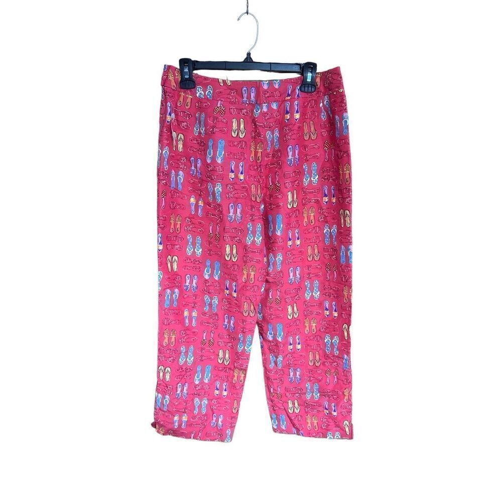 Harolds Womens Size 10 Pants Pink Silk Novelty Print Shoe Cropped Lined